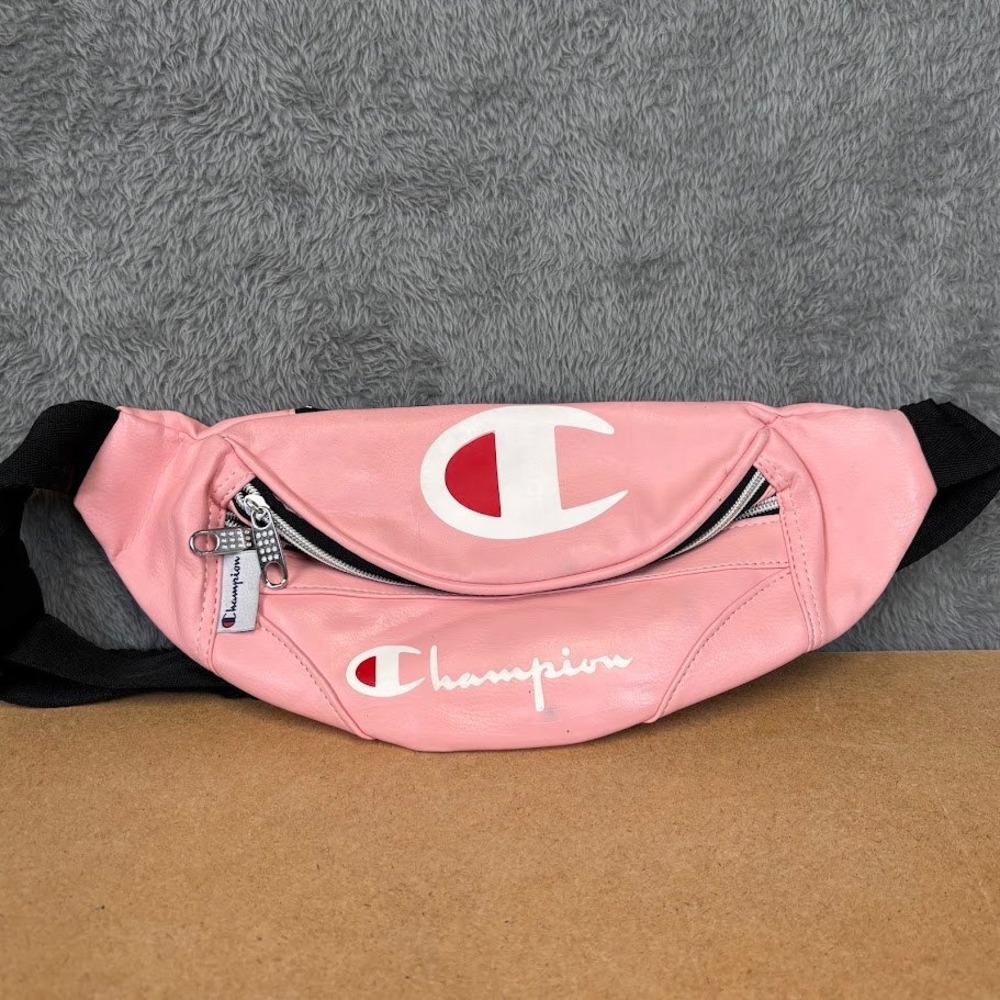 Champion Pink Faux Leather Fanny‎ Pack Waist Bag Adjustable Strap Logo Print